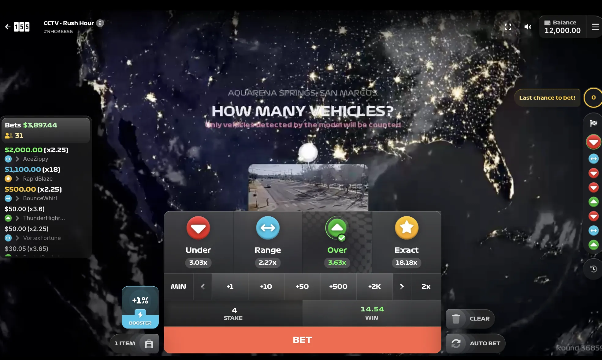 CCTV Rush Hour — ночная сессия Сан-Марко с типами ставок Меньше, Диапазон, Больше и Точное число